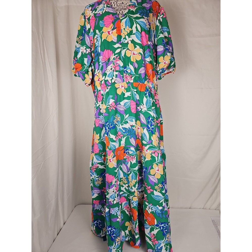 NWT Fashion Women's Green Floral Maxi Dress Puff Sleeve Tiered 3XL